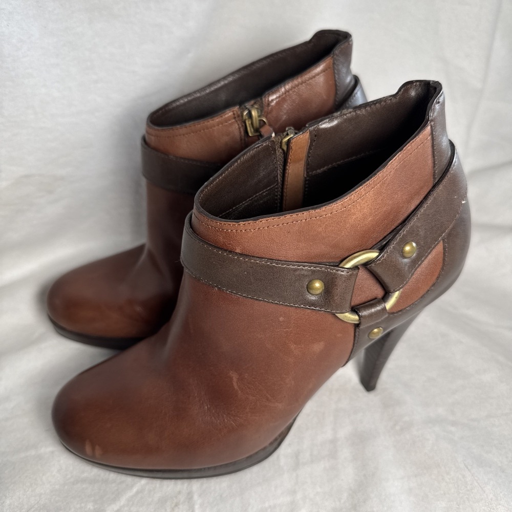 Cole Haan Ankle Boots High Heel Booties 2 Tone Brown Leather Side Zip Buckle 7.5